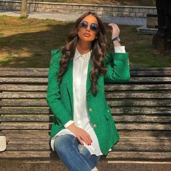 Zara Green Textured Weave Blazer - Picture 6 of 15